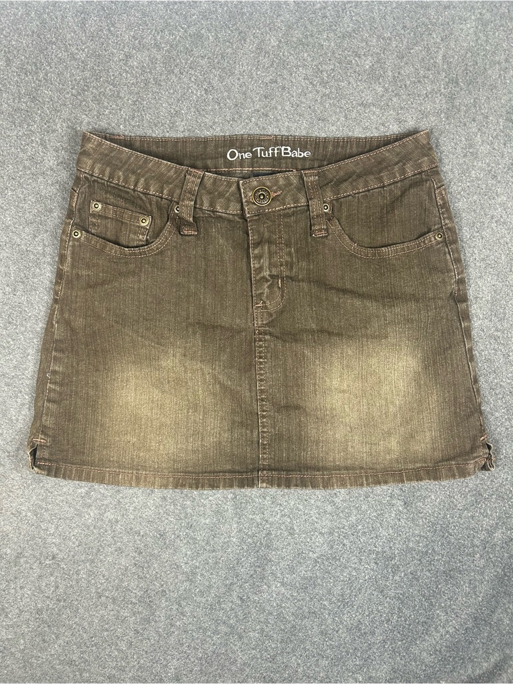 One Tuff Babe Faded Brown Denim Mini Skirt